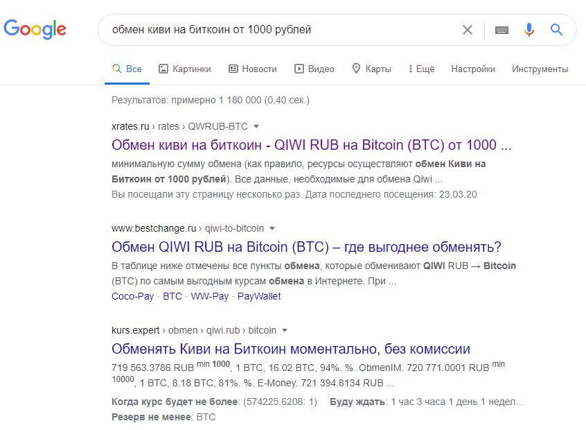 Выдача результатов поиска Google